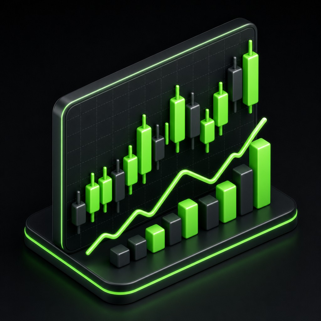 Large glowing forex candlestick chart with rising and falling candles
