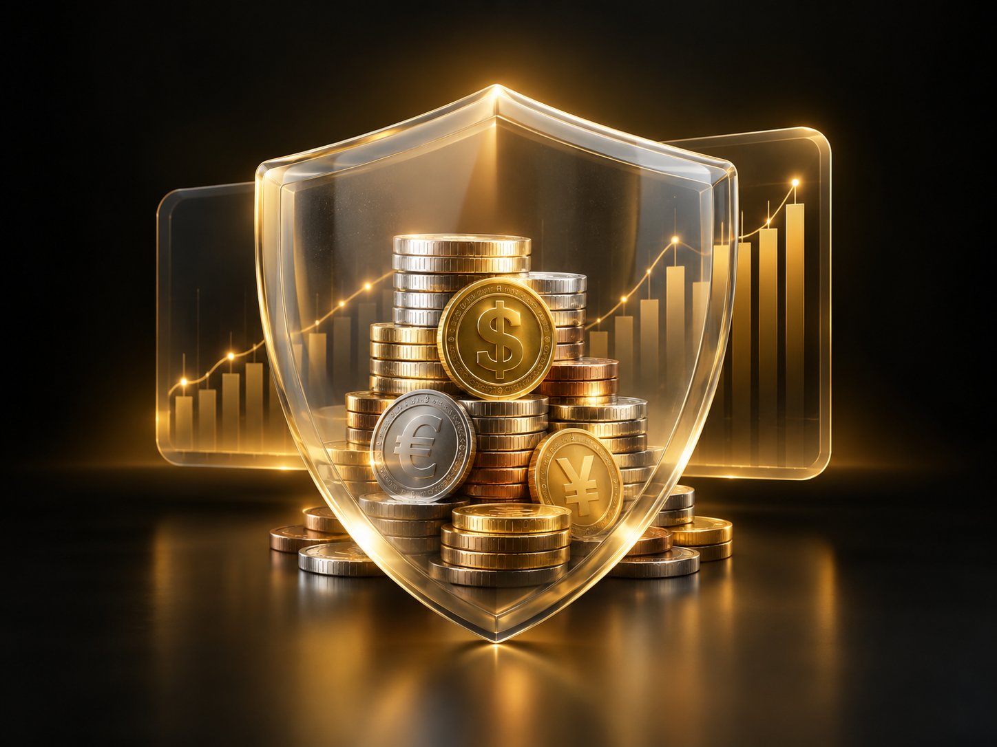 Shield protecting a stack of mixed currency coins with a chart behind