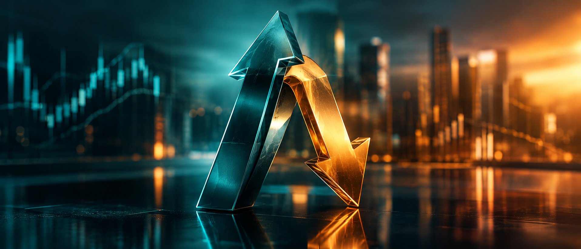 Abstract upward and downward arrow sculpture representing interest rate changes