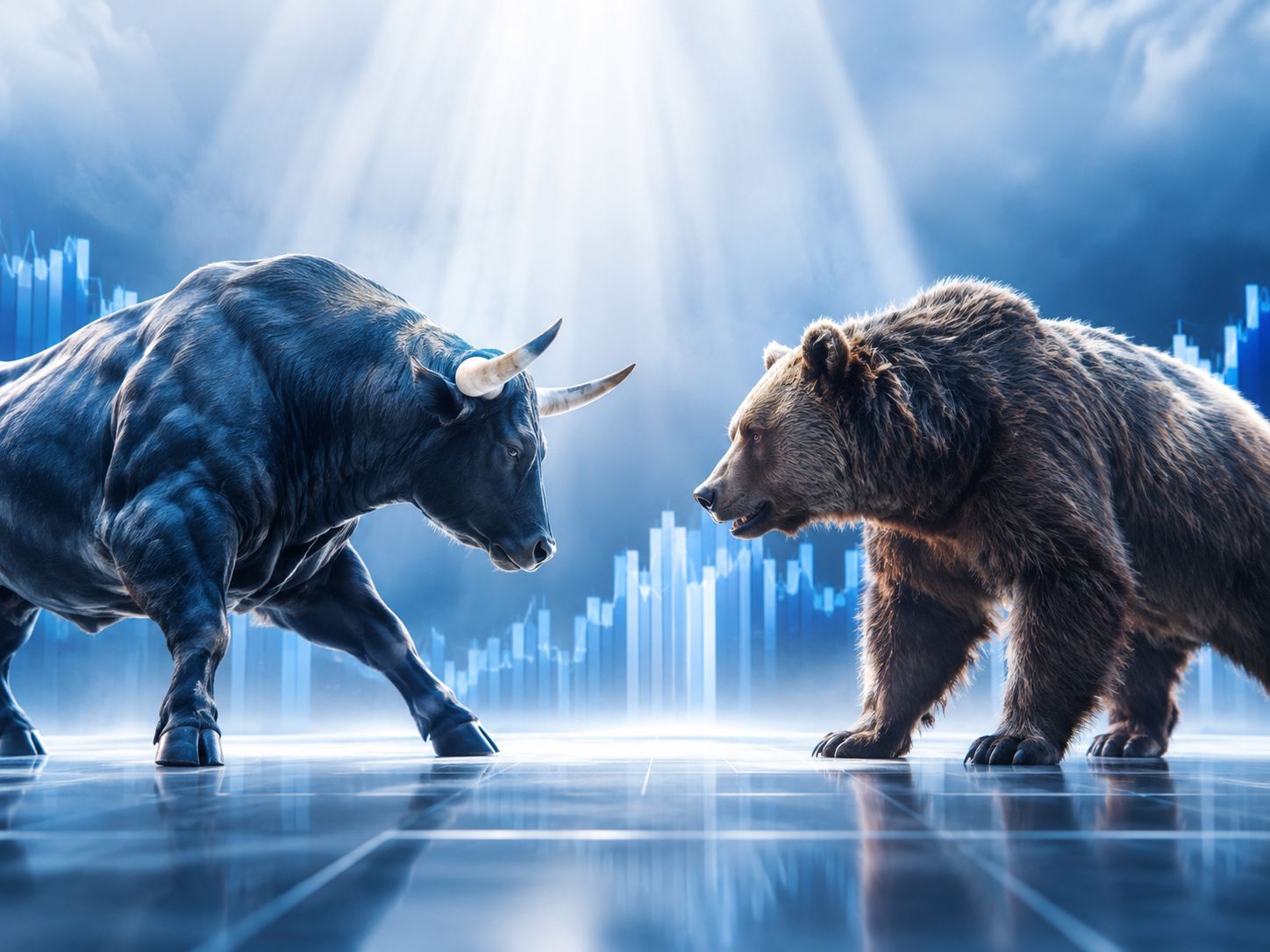 Bull and a bear facing each other on a chart landscape