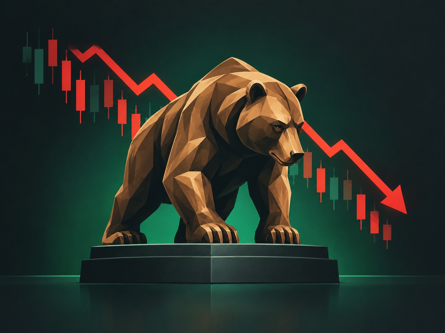Bronze bear statue with a descending red chart behind it