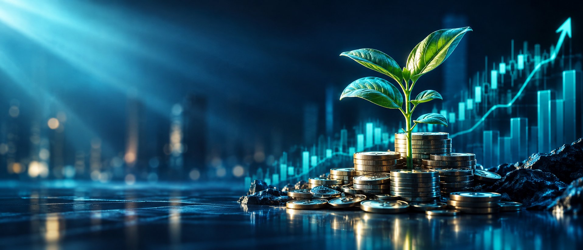Coins growing from a small plant beside a stock chart